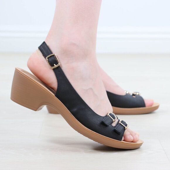 Black Slingback Wedge Sandals Women’s Open Toe Gold Buckle Comfort 2” Heel - Picture 5 of 16